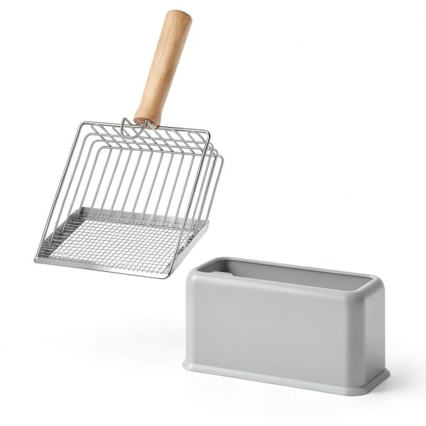 Metal Cat Litter Scoop tilatumo – Beech Wood Grip with Stand T‑LS‑01-3