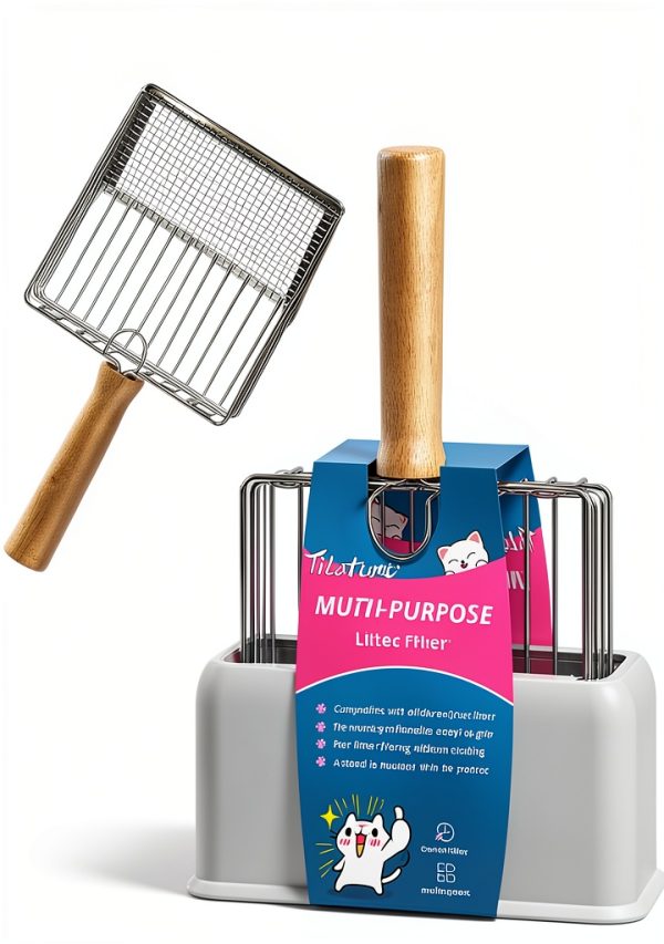 Metal Cat Litter Scoop tilatumo – Beech Wood Grip with Stand T‑LS‑01-0