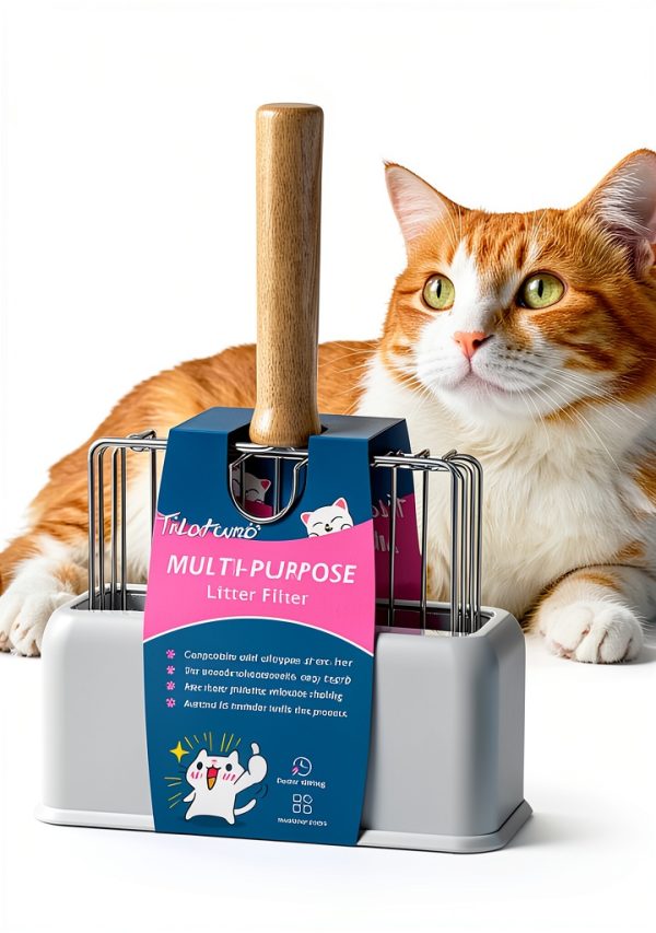 Metal Cat Litter Scoop tilatumo – Beech Wood Grip with Stand T‑LS‑01-5